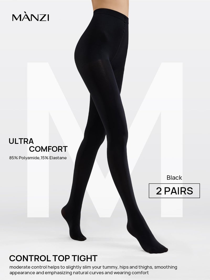 MANZI 2 Pairs Women's Opaque Control Top Tights Comfort Stretch 70 Denier Pantyhose Black Large - Image 2